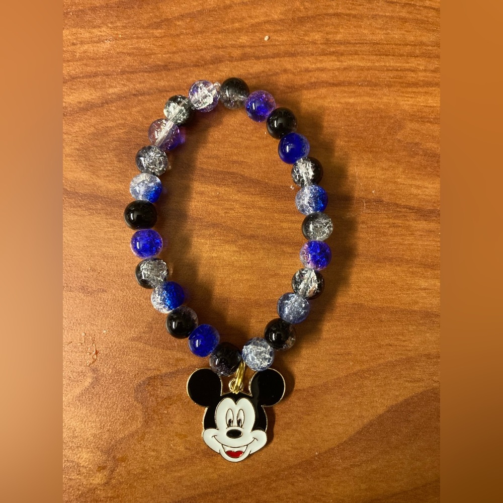 Blue & white & black,white crackling glass beads and Mickey Mouse charm